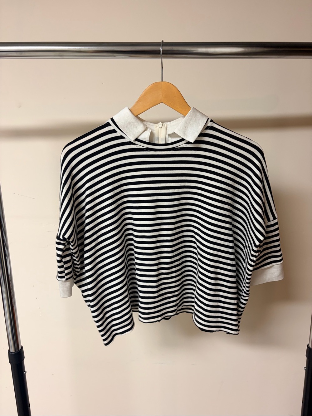 Imperial Made in Italy Black & White Striped Knit Top with Contrast Collar